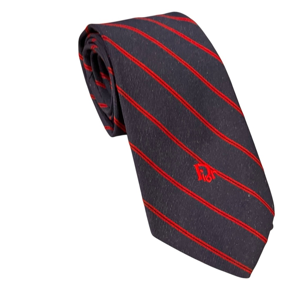 Christian Dior Vtg Mens Neck Tie Stripe Blue Red Rep‎ Logo Poly Silk Blend